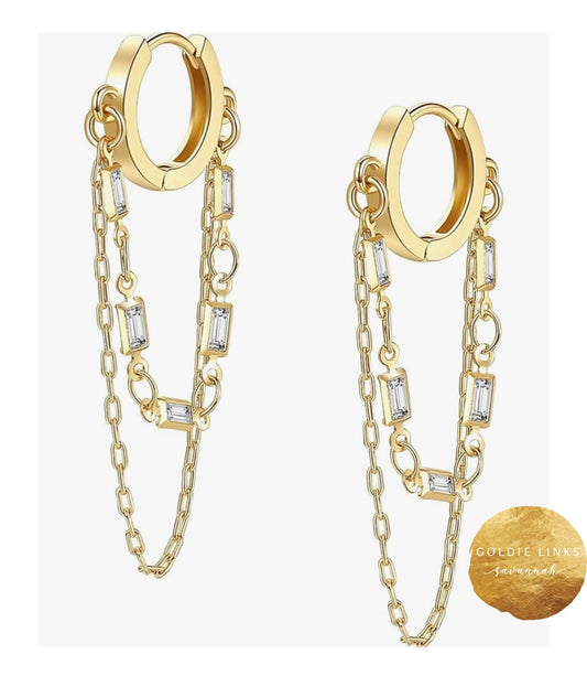 Gold Chain Earrings with Square Stone